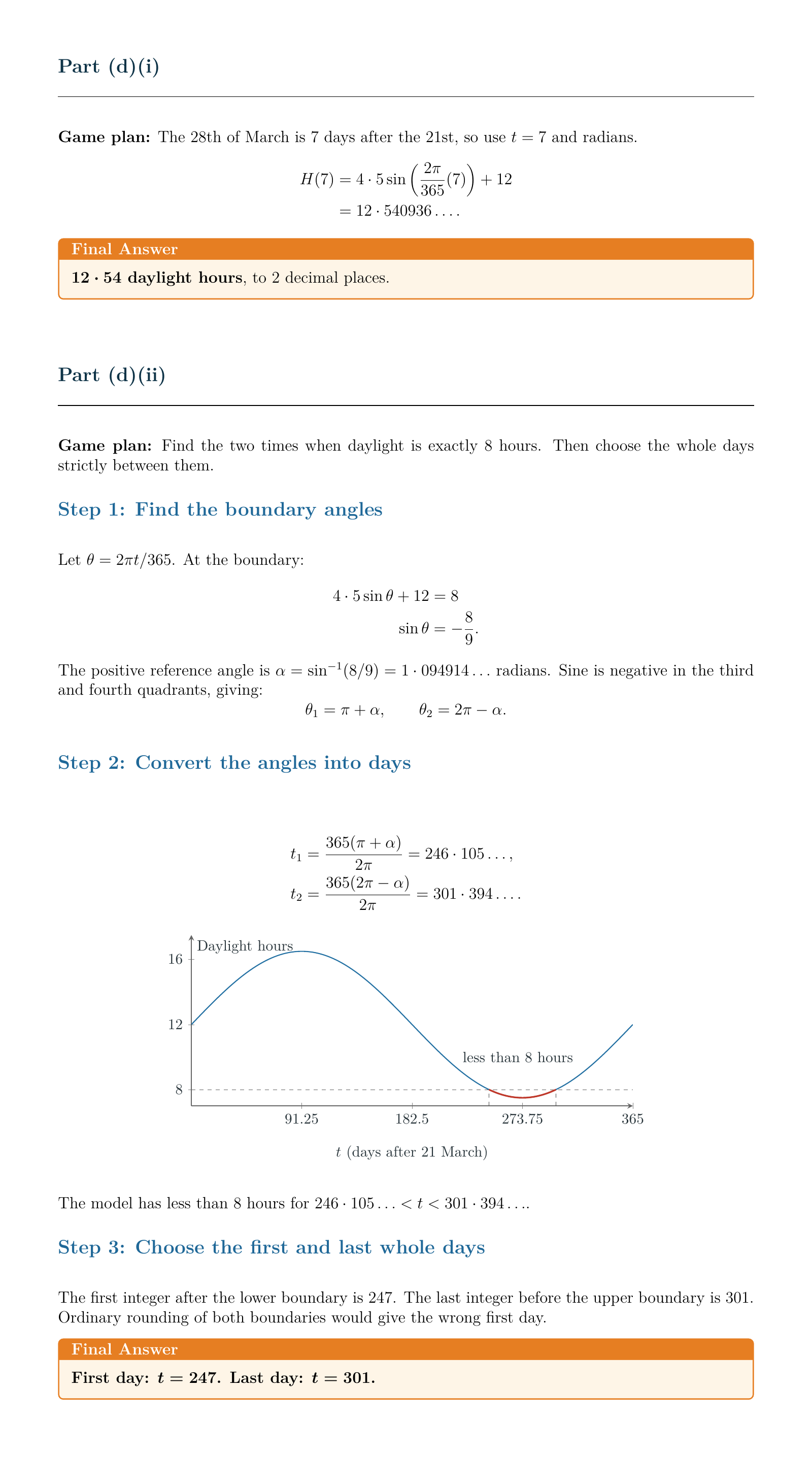 Modelling daylight with sine: a worked solution with clear steps and workings