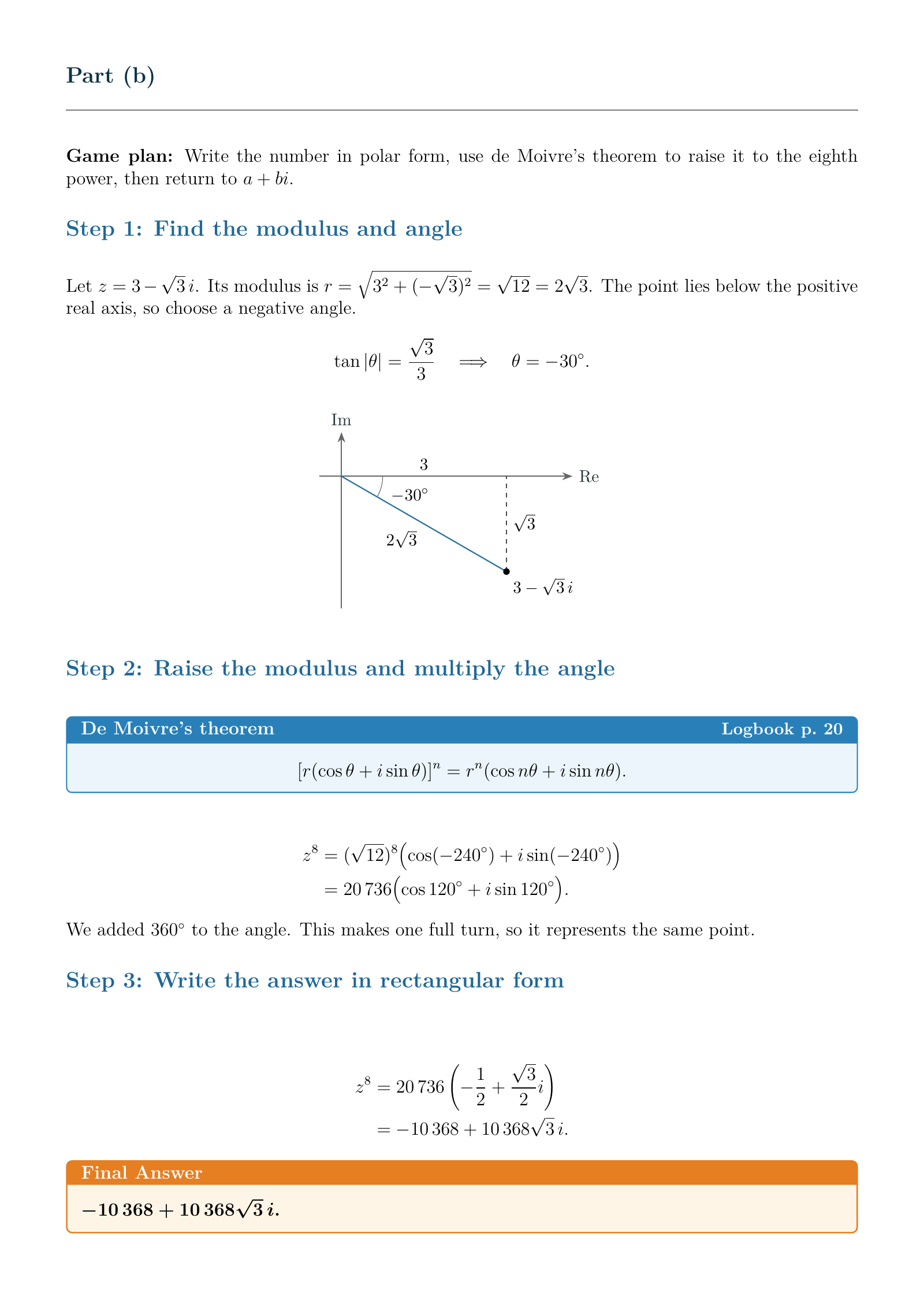 Complex numbers and de Moivre’s theorem: a worked solution with clear steps and workings