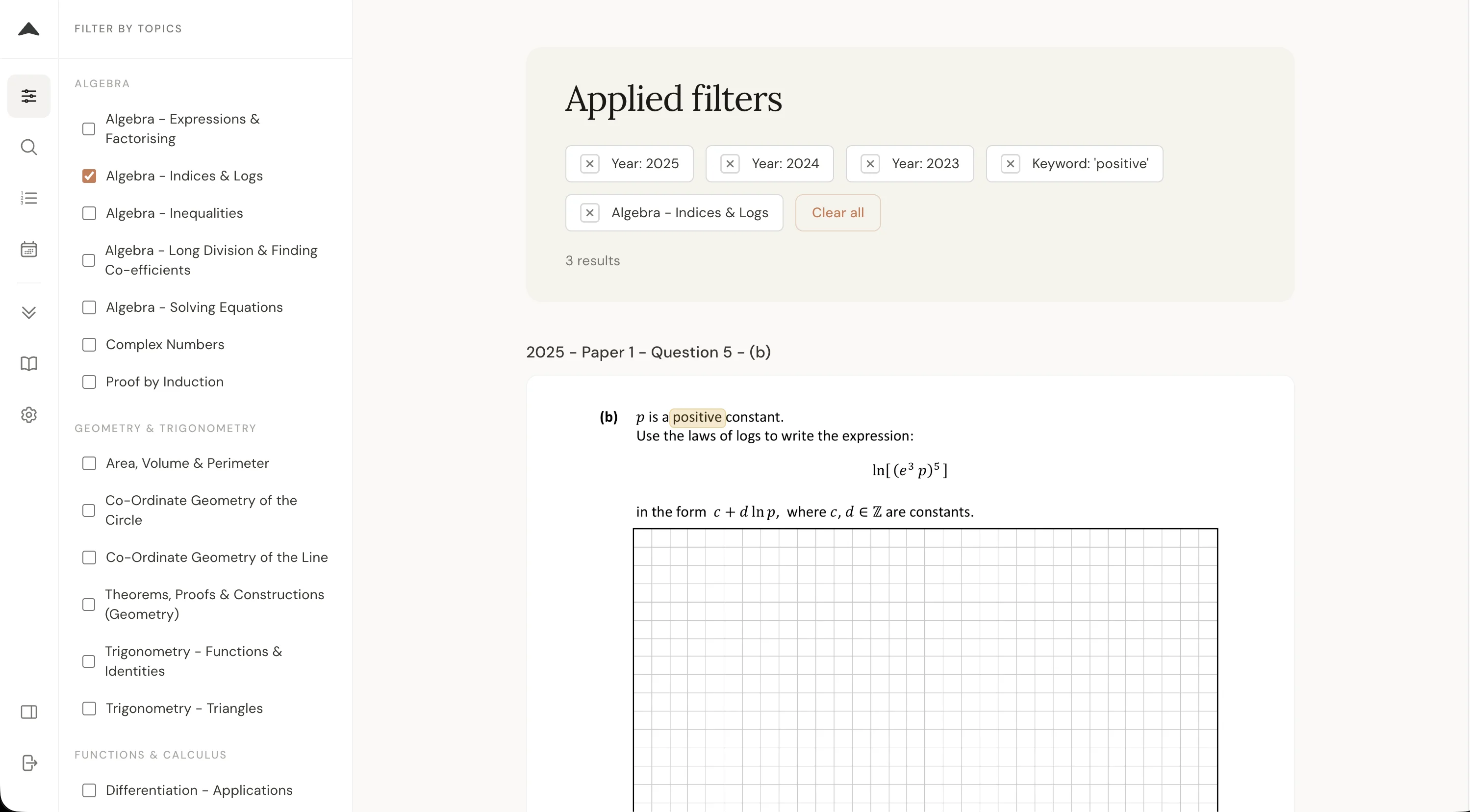 Past paper viewer showing questions and marking schemes