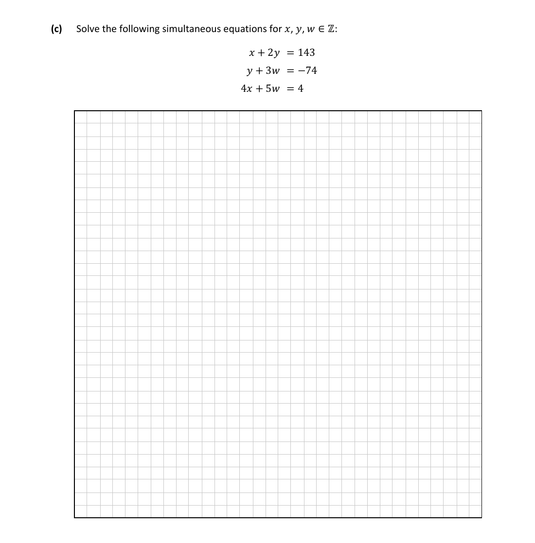 Preview of an exam question on three simultaneous equations, with its working grid.