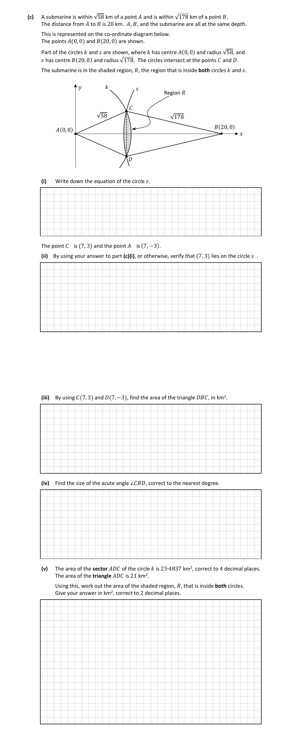 Preview of a circle equations exam question with an intersecting-circle diagram.