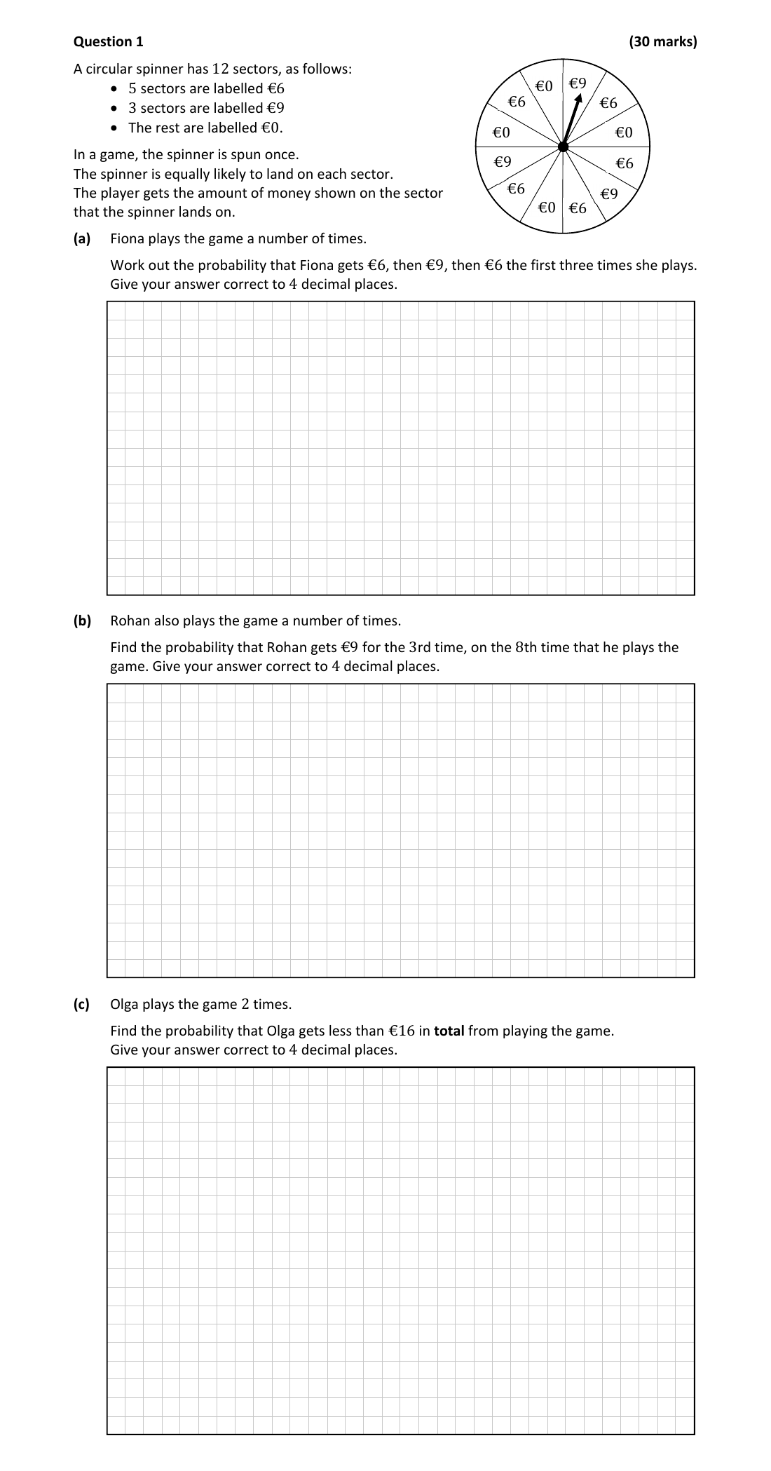 Preview of a probability exam question with a twelve-sector prize spinner.